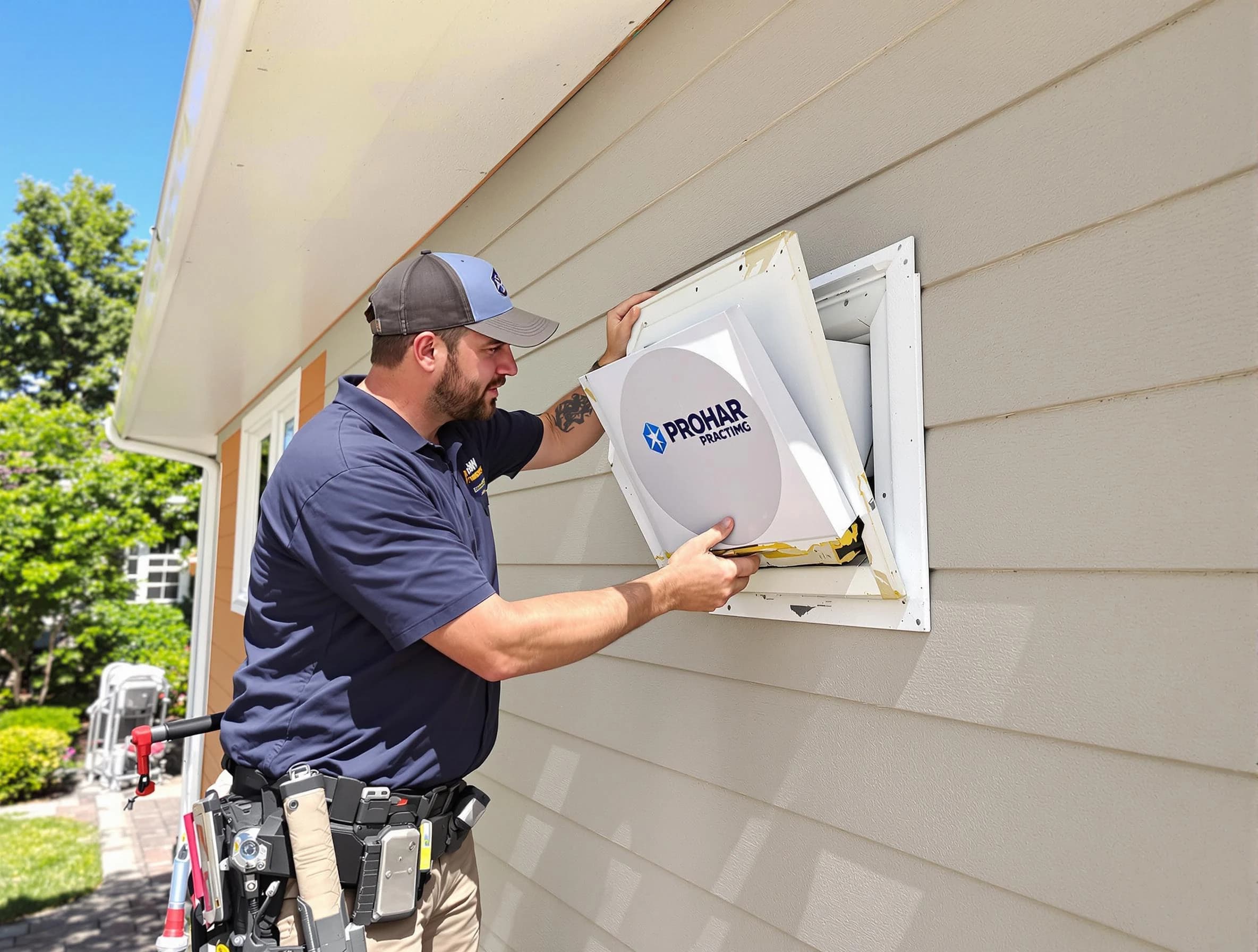 Castle Rock Dryer Vent Cleaning technician installing a new protective dryer vent cover on a home in Castle Rock
