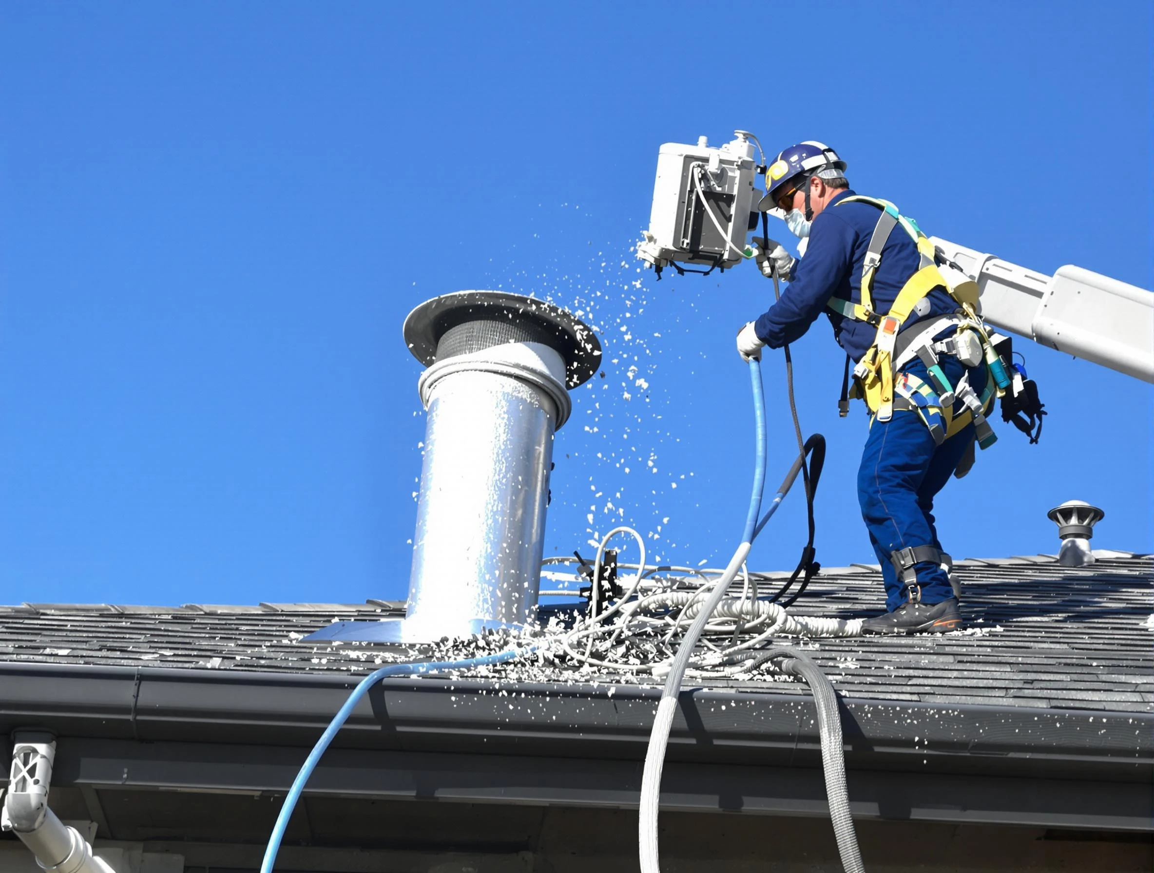 Castle Rock Dryer Vent Cleaning certified technician safely cleaning a roof-mounted dryer vent in Castle Rock